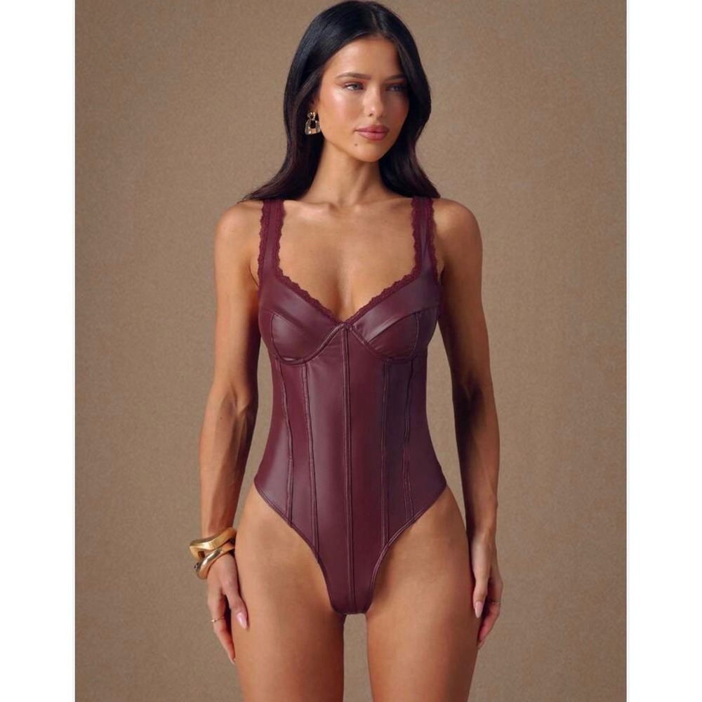 Burgundy Faux Leather Corset Bodysuit Lace Trim XS Wine Red Vegan Leather Thong